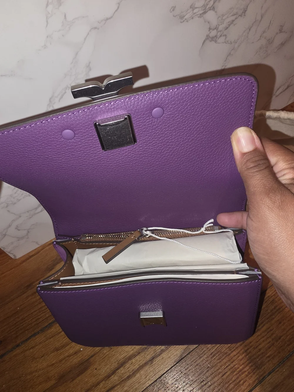 Tory Burch Purple Pebbled Leather Eleanor Crossbody with Silver Logo